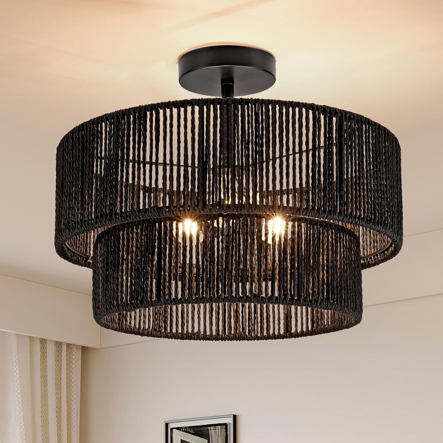 Boho Coastal rope With 2-Tier Drum Shade Farmhouse Chandelier Bedroom Semi Flush Mount Ceiling Lamp