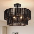 Boho Coastal rope With 2-Tier Drum Shade Farmhouse Chandelier Bedroom Semi Flush Mount Ceiling Lamp