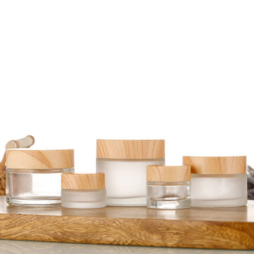 Transparent Glass Face Cream Jars with Wooden Lids - 5G to 50G Capacity