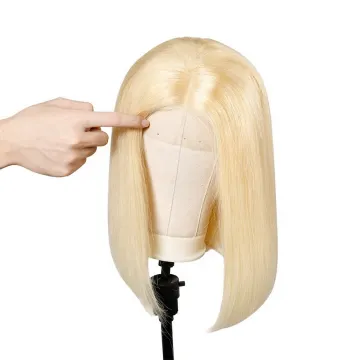 Short Straight Blonde 4x4 Closure Lace Front Wigs For Black Women 613 Cuticle Aligned Human Hair Wig 613 BOb Wigs