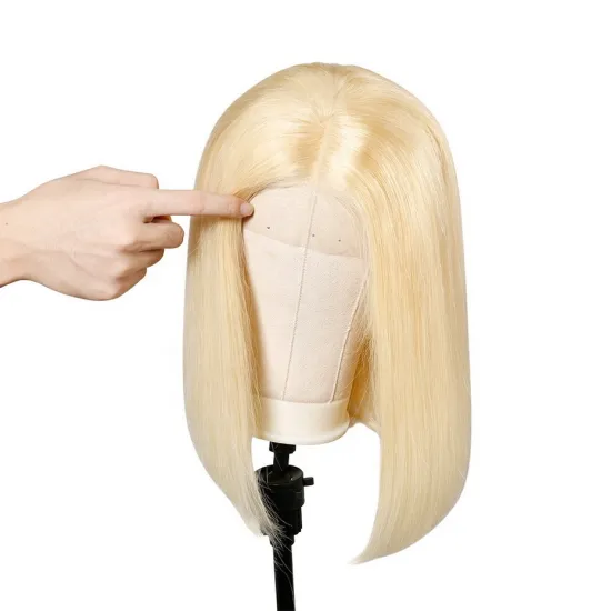 Short Straight Blonde 4x4 Closure Lace Front Wigs For Black Women 613 Cuticle Aligned Human Hair Wig 613 BOb Wigs