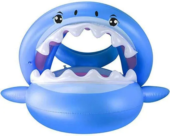 Baby Float Swimming Pool with Inflatable Canopy and Shark Swim Rings: Adjustable Sunshade for Kids Water Toys