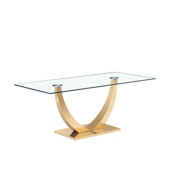 Mesa de comedor de vidrio con base de acero inoxidable dorado