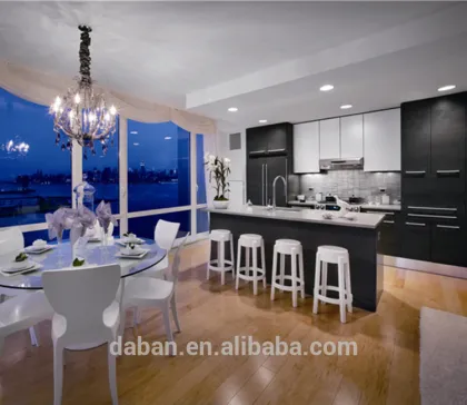 High gloss Guangzhou black painting kitchen cabinets design with kitchen island