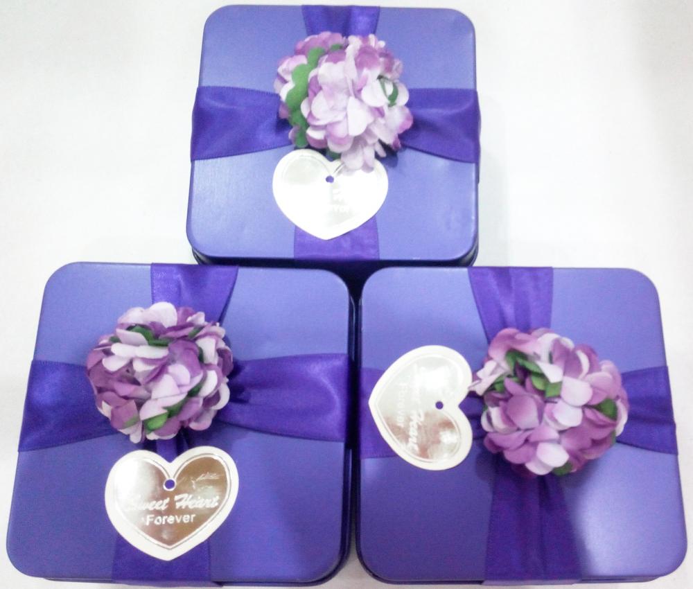 Purple Wedding Tin Box with Flower Decration