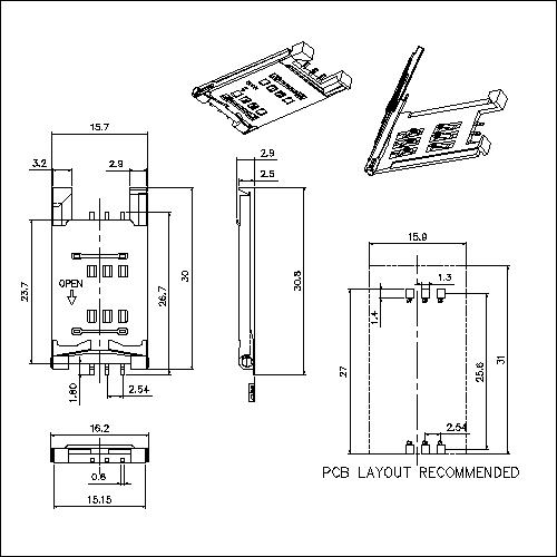 SIM CARD 6PIN 2.90mm height shell full iron connector ATK-SIM6X290A027