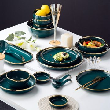 Set di stoviglie in ceramica nordica - bordo dorato, colori multipli (verde, rosa, bianco, nero) - qualità raffinata e design grazioso