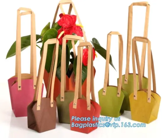 Flower Christmas Carrier Gift Paper Bag, long flat handles kraft paper flower packaging bag, Wedding Gift Carrier Bag with Paper