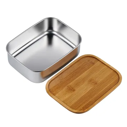 Wooden Lid Rectangular Layer Metal Bento Box