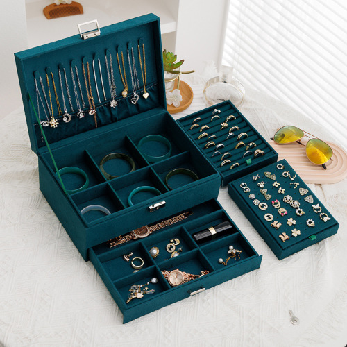 3-Layers Green Velvet Lock Jewelry Organizer Box