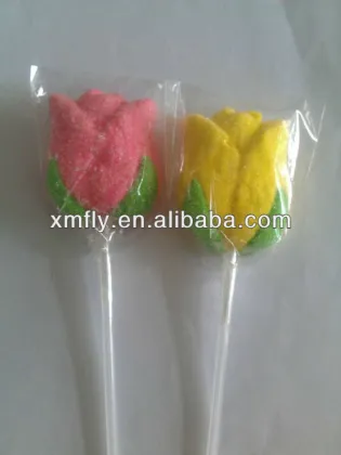 individual rose flower shape marshmallow candy with long stick bouquet candy