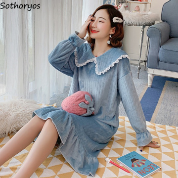 Nightgowns Women Coral Fleece Long Sleeve Turn-down Collar Plus Size 2XL Loose Solid Womens Korean Style Simple New Soft Warm