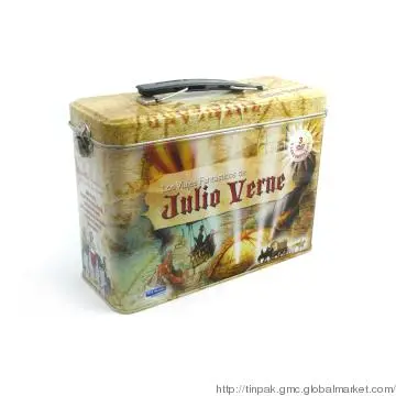 Hinged rectangular tin DVD box with handle