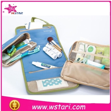 Green nylon mesh travel cosmetic bag with handle