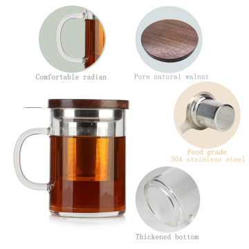 Copa de vidrio transparente de 400 ml con cubierta de té de nogal - té de borosilicato fácil de usar y taza de café