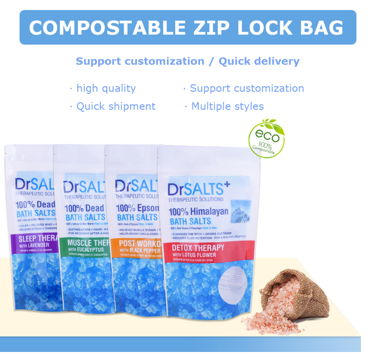 Compostable OEM Production Customized Stand-up Bath Salt Pouch with Zipper