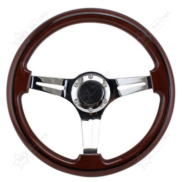 14'' Classic Wooden Steering Wheel - 350mm Universal Racing Car Chrome Silver Spoke Wood Grain Wheel