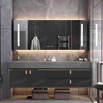 Modern Wall-Mounted Double-Sink Bathroom Vanity with Solid Wood Cabinet and Mirror
