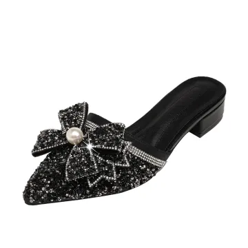 2024 Summer Collection: Large Size 43 Luxury Mid-Heel Women's Shoes with Pearl Sequin Bowknots - Perfect for Beach Slippers