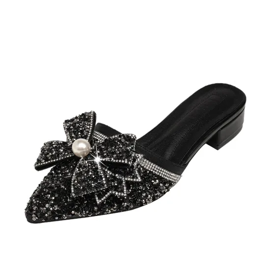 2024 Summer Collection: Large Size 43 Luxury Mid-Heel Women's Shoes with Pearl Sequin Bowknots - Perfect for Beach Slippers