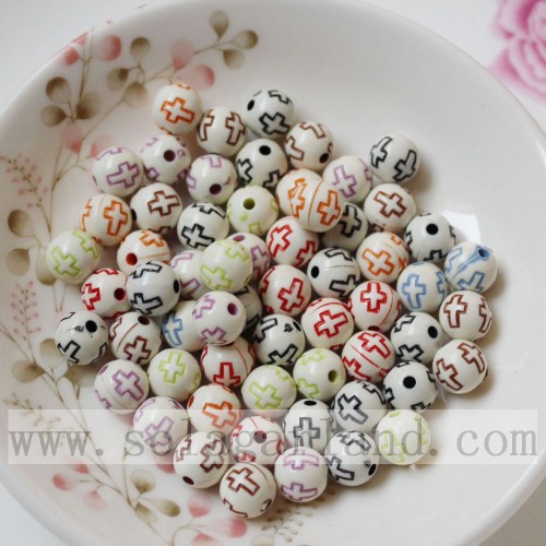 Round solid wash acrylic beads with cross pattern