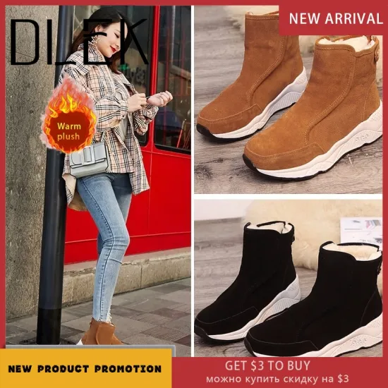 DLEK Ankle Snow Boots Women Solid Height Increasing Shoes Flock Khaki Black Metal Button Non-slip Wedges Female Boots