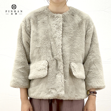 Light Gray Velvet Pocket Mink Fur Coat for Women - Short Furry Jacket with Buttons