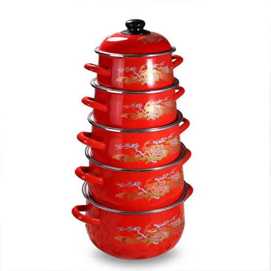 5PCS Red Color Inside White Persimmon-Shaped Enamel Casserole