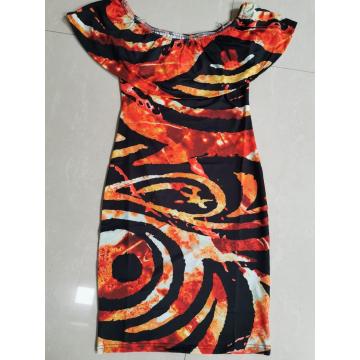 Vestido quente estampado com gola de lótus elástica justa tingida