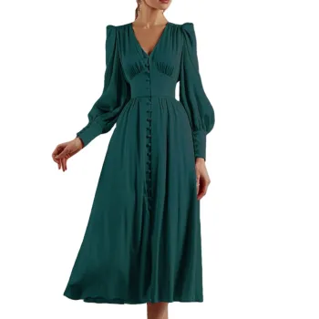 Women's Spring Graduation Prom Dress: Satin Retro Lantern Sleeve Evening Gown