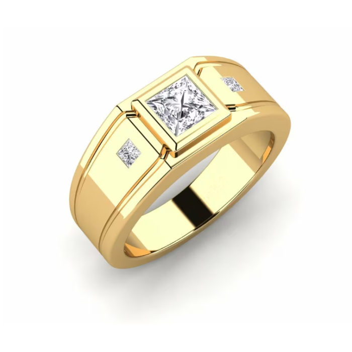 Anillo de sello para hombre con centro cuadrado y dos piedras laterales alineadas, vista de tres cuartos