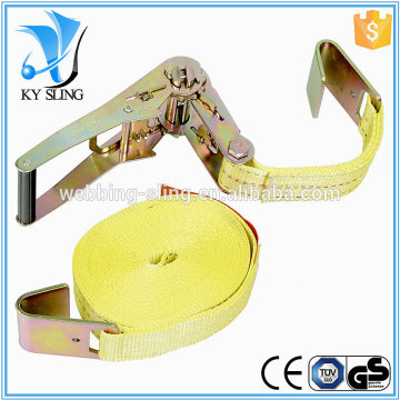 EN12195-1 5T9M yellow ratchet tie down strap with flat hooks