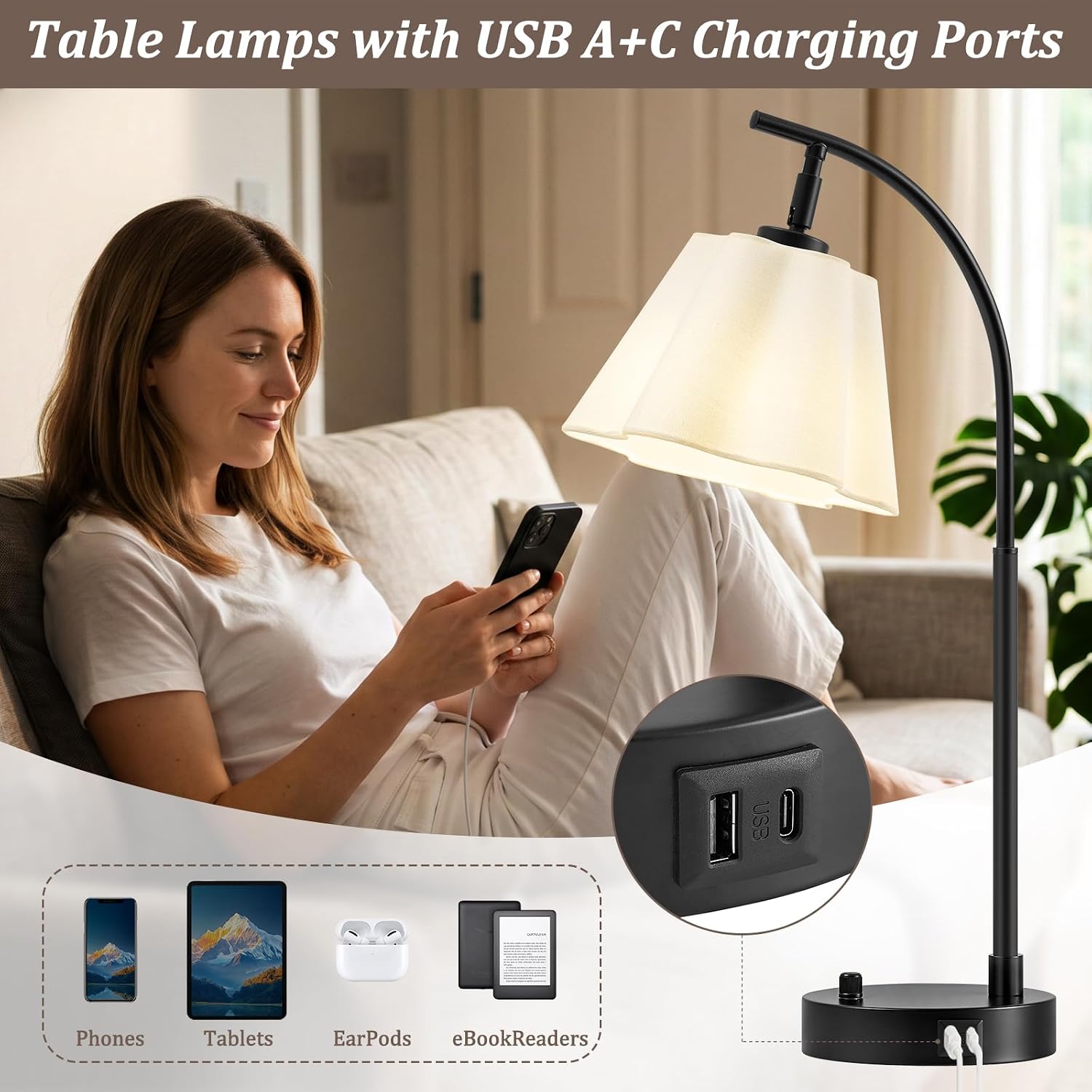 Stepless Dimmable Bedside Lamps Set 2 USB-C Ports (13)