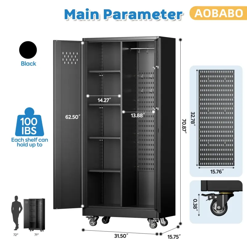 Rolling Tool Cabinet with Doors and 4 Adjustable Shelves