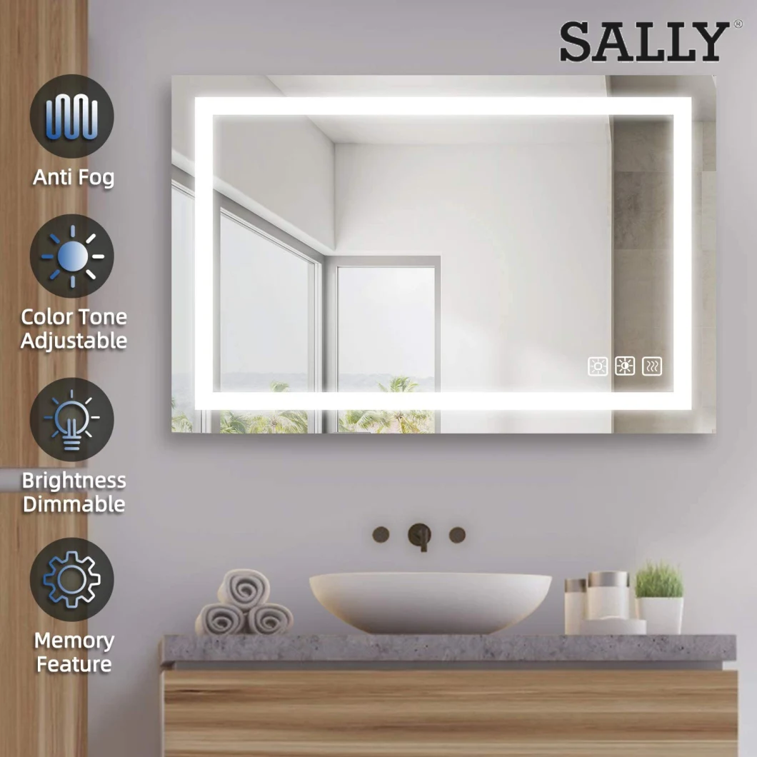 Espejo LED para baño Sally, interruptor con sensor táctil para colgar en la pared, luz regulable, espejo decorativo sin marco para el hogar, vertical u horizontal
