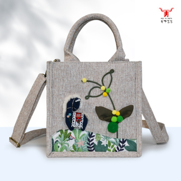 Mei Yi Arts Whimsical 貓與植物亞麻多種斜背包