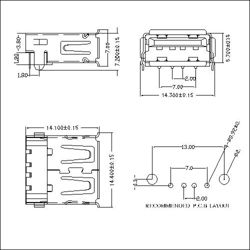 UAFR24 24-USB2.0 A Female receptacle angle sink dip 