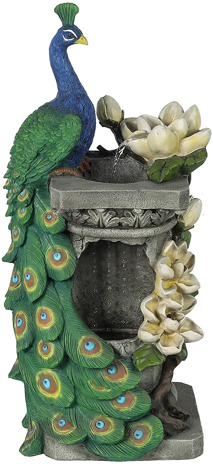 Resin Peacock and Flower Outdoor Fountain