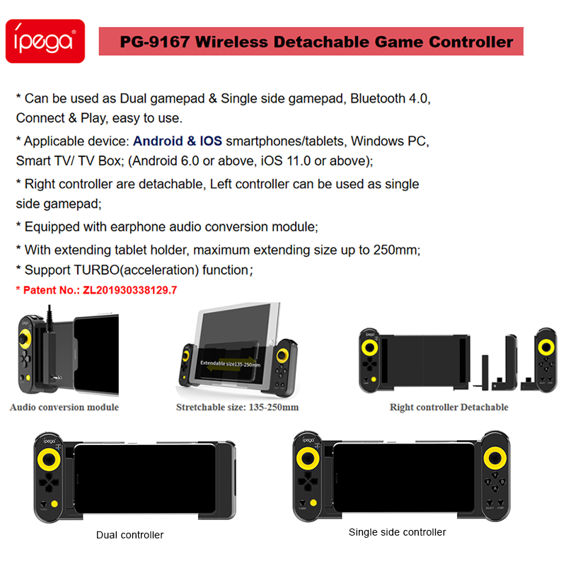 ipega PG9167 Gamepad Bluetooth Wireless Joystick Trigger Pubg Stretchable Game Controller Gamepad for Android IOS PC pubg mobile