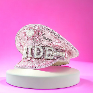 Sequin Pink Rhinestone Steampunk Bride Hat dengan Tema Kapal Layar Pearl Navy