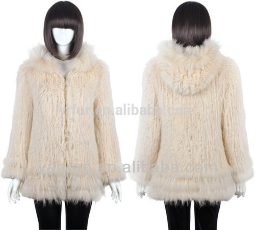 YR133 Genuine Knitted Raccoon and Rabbit Fur Coat Winter Women Hoodie