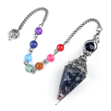 Snowflake Chip Stone Resin Antique Silver Hexagonal Cone Pendant & Pendulum 7 Chakra Chain