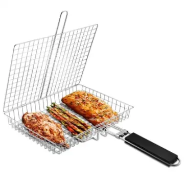 Outdoor BBQ Accessories Portable Removable Handle Stainless Steel Grill Basket