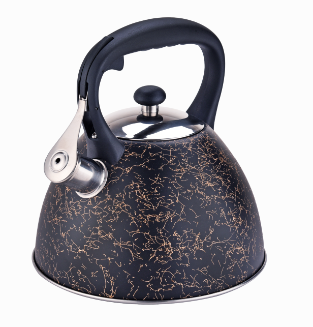 whistling stovetop kettle with Black and gold lines