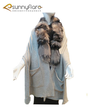 popular pure cashmere knitting poncho with fur