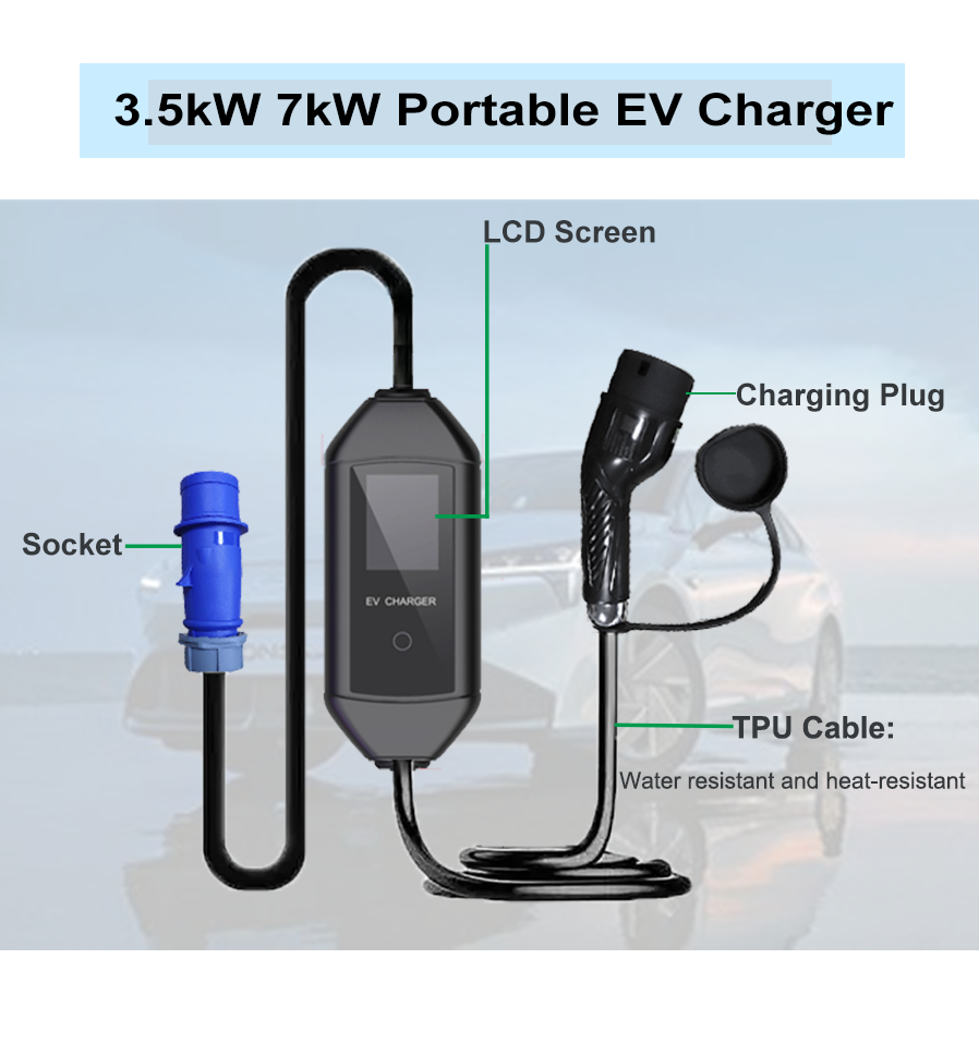 3.5KW एसी पोर्टेबल टाइप ईवी चार्जर एलसीडी स्क्रीन
