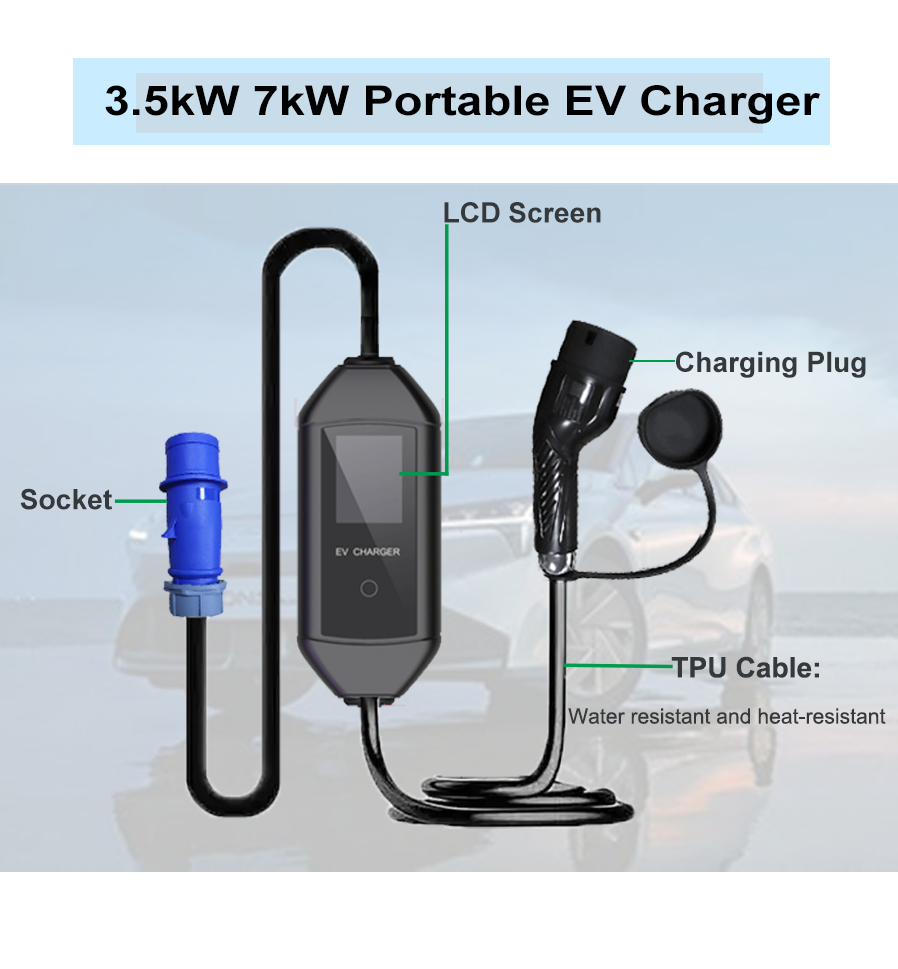 3,5 kW 7 kW AC Tragbarer EV -Ladegerät LCD -Bildschirm