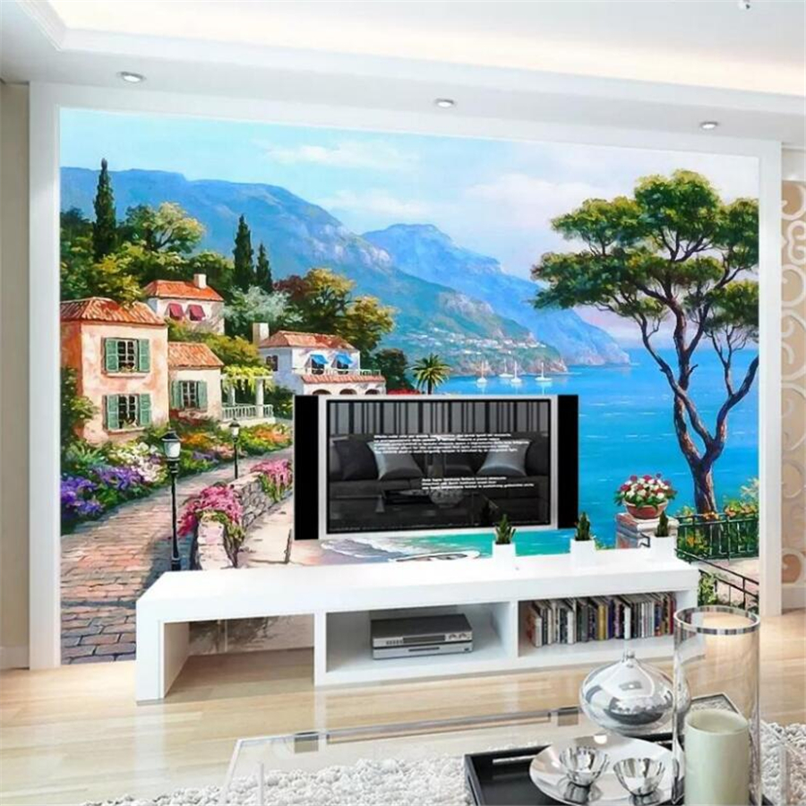 wellyu Custom Wallpaper 3d Large Photo Mural обои Mediterranean Sea Garden Landscape Oil Painting TV Background Wallpaper mural