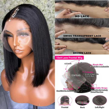 Cheap Middle Part Straight Short Bob Cut 180%Density 13X4HD Full Lace Frontal Human Hair Wig Deal Prepluck Double Drawn Glueless