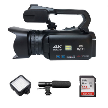 4K Camcorder with WiFi, 128G SD Card, Microphone, and LED Light